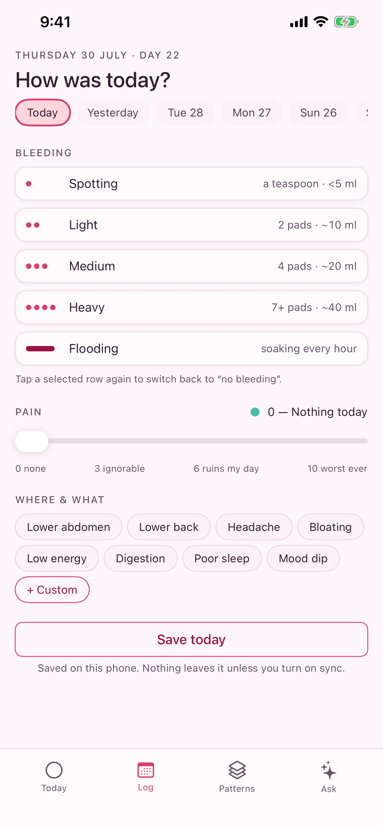 Cycle daily log for bleeding, pain, symptoms, and notes