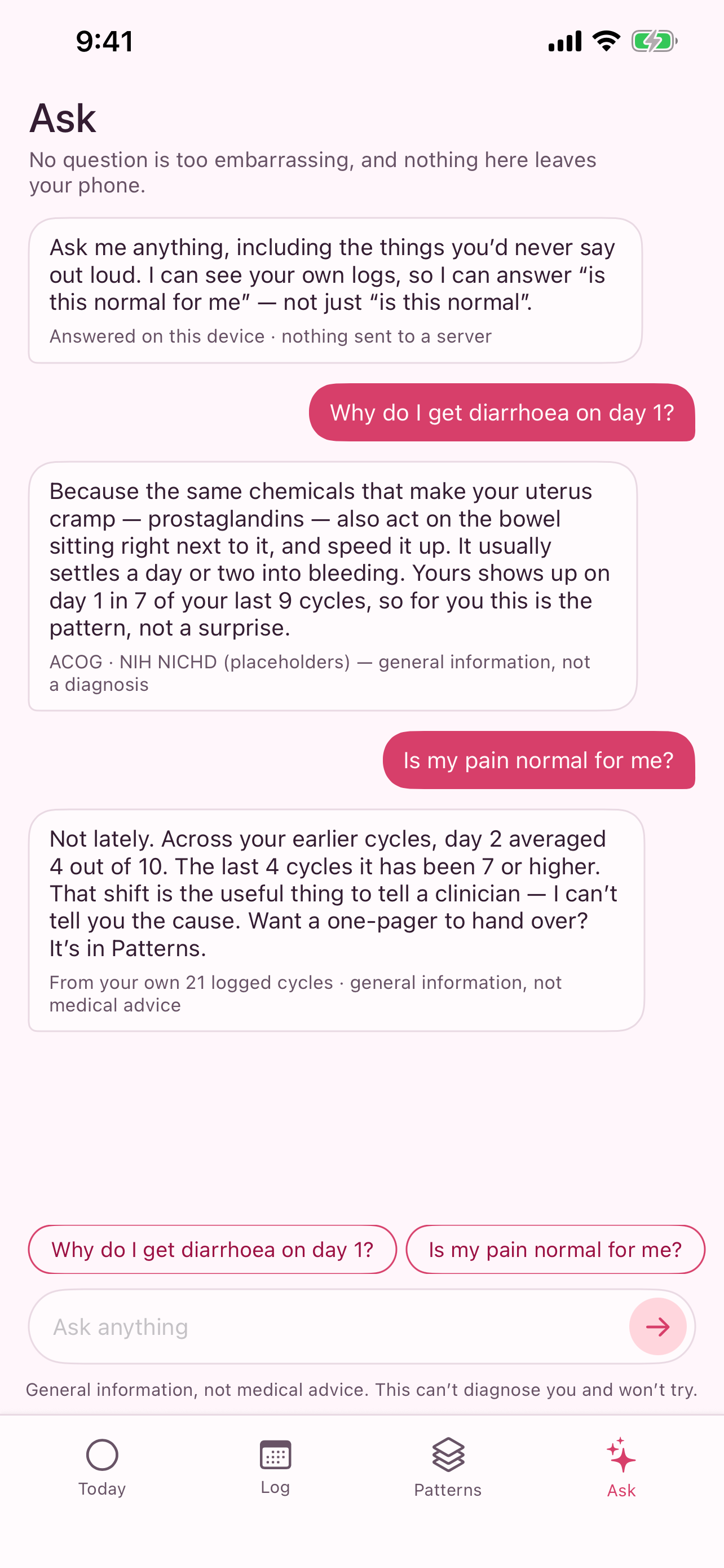 Cycle private health question and answer screen