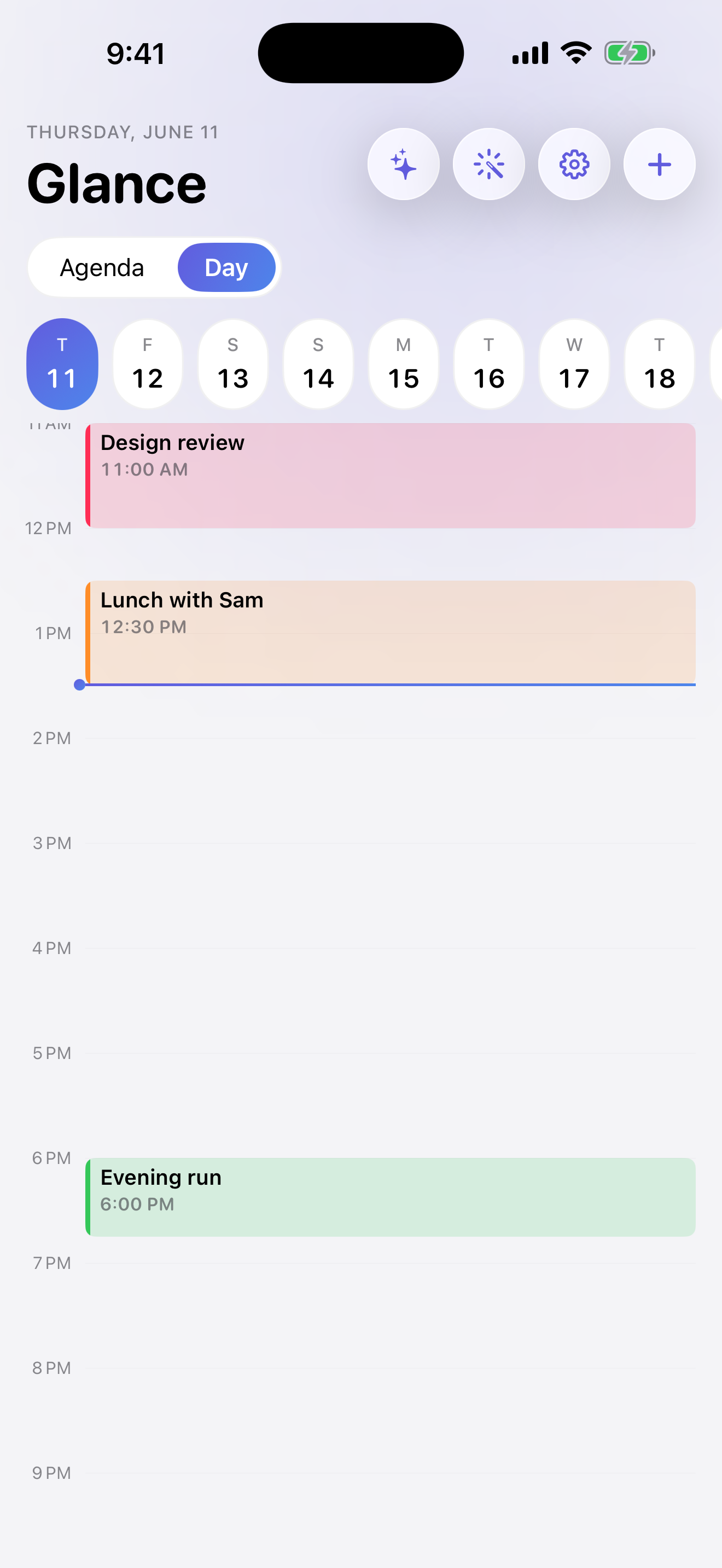 Glance day timeline with events positioned across the day