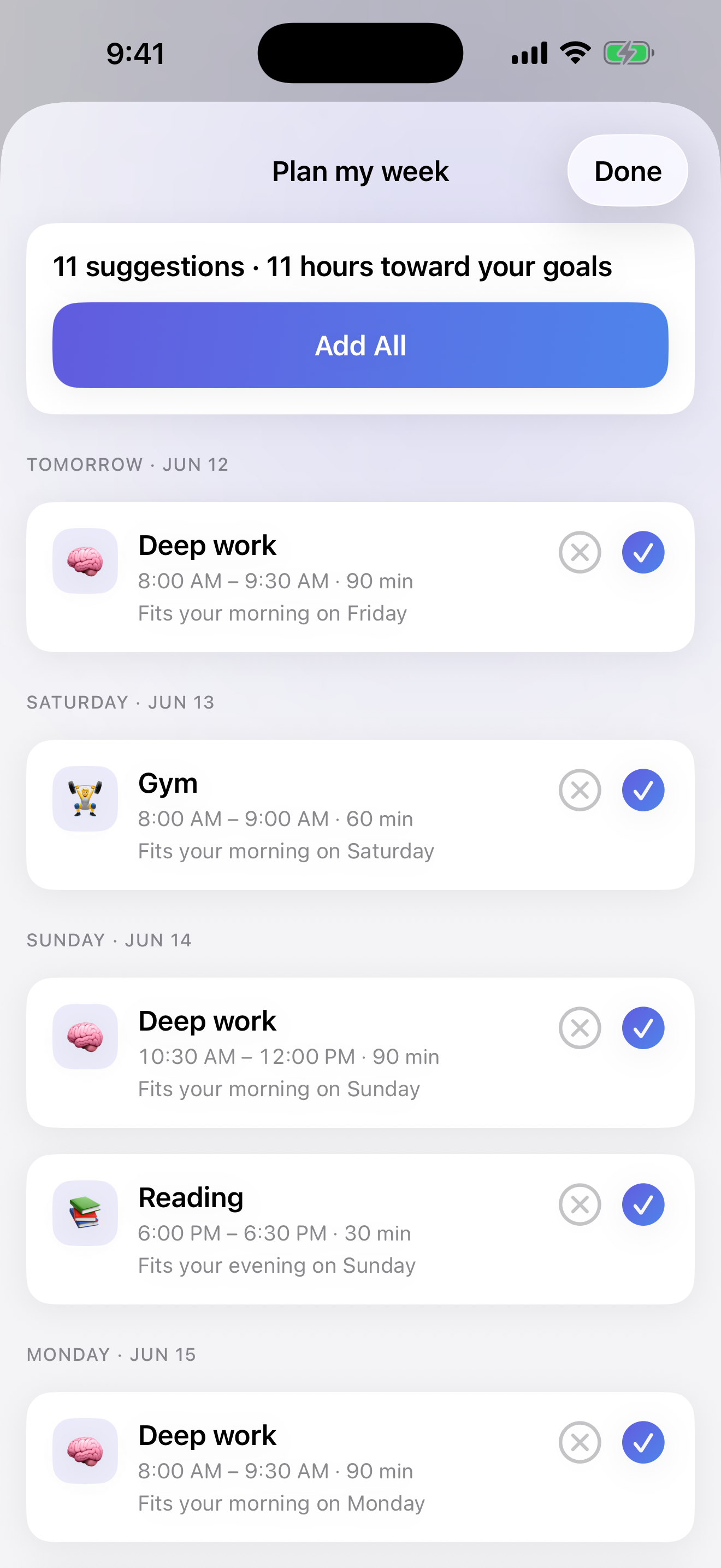 Glance weekly planning suggestions ready to add to the calendar