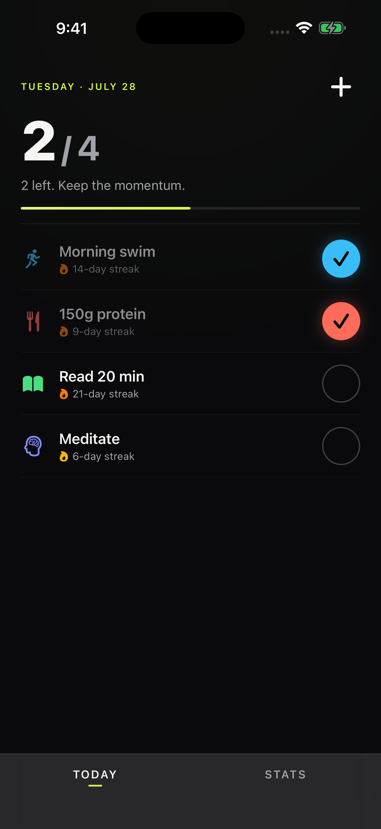 Habit Streak daily check-in with four personalized habits