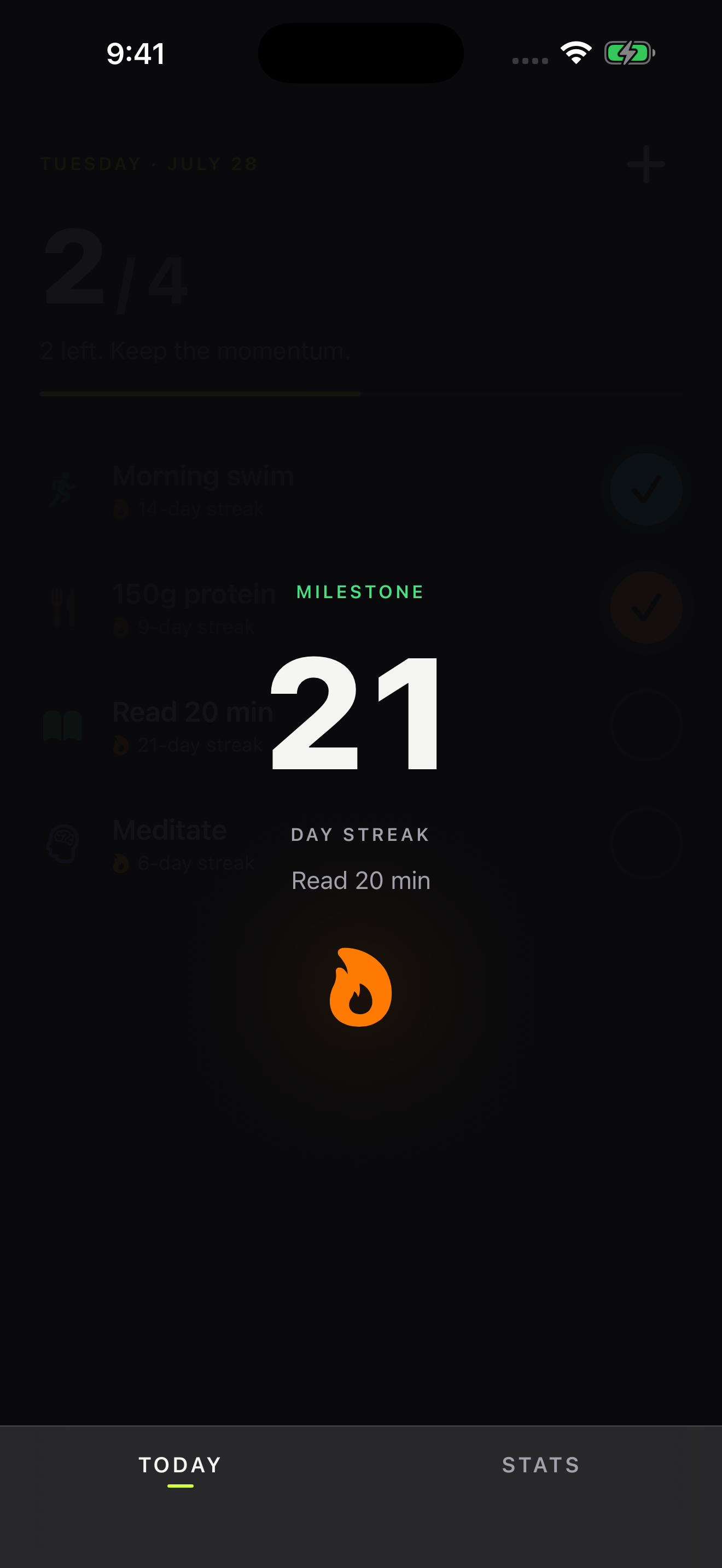 Habit Streak milestone celebration for a 21-day streak
