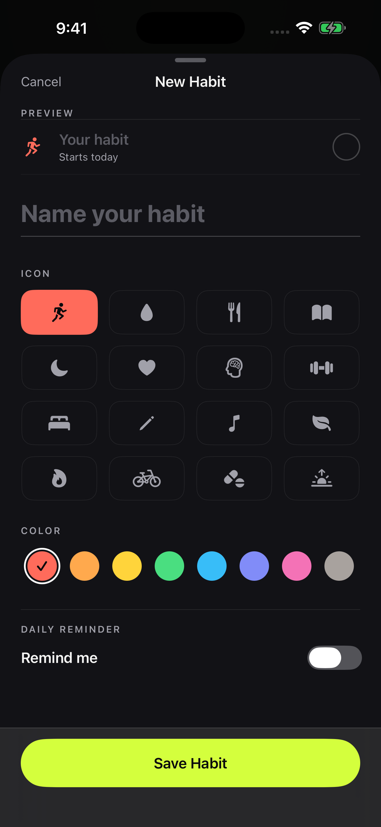 Habit Streak new habit builder with icons, colors, and reminders